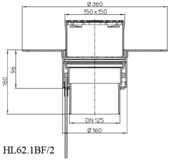 Чертеж и размеры кровельной воронки HL62.1BF/2 с диаметром выпуска DN125