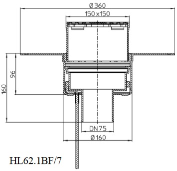 Чертеж и размеры кровельной воронки HL62.1BF/7 с диаметром выпуска DN75