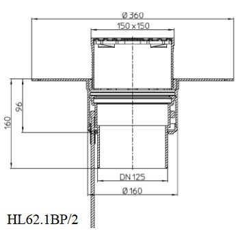 Чертеж и размеры кровельной воронки HL62.1BP/2 с диаметром выпуска DN125