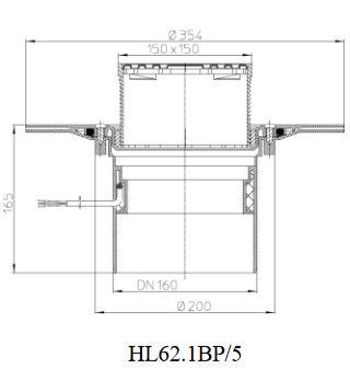Чертеж и размеры кровельной воронки HL62.1BP/5 с диаметром выпуска DN160