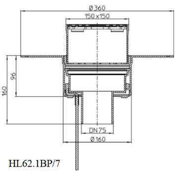 Чертеж и размеры кровельной воронки HL62.1BP/7 с диаметром выпуска DN75