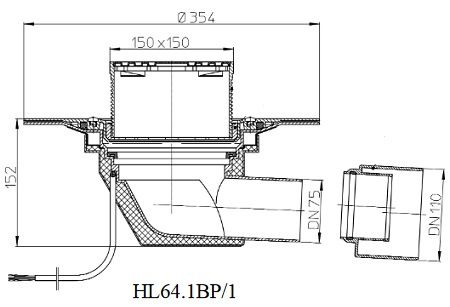 Чертеж и размеры кровельной воронки HL64.1BP/1 с диаметром выпуска DN110