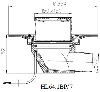 Чертеж и размеры кровельной воронки HL64.1BP/7 с диаметром выпуска DN75