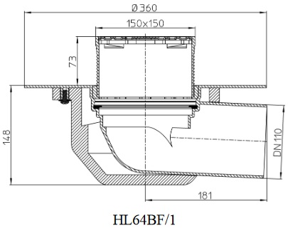 Чертеж и размеры кровельной воронки HL64BF/1 с диаметром выпуска DN110
