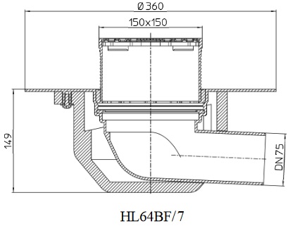 Чертеж и размеры кровельной воронки HL64BF/7 с диаметром выпуска DN75