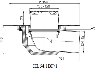 Чертеж и размеры кровельной воронки HL64.1BF/1 с диаметром выпуска DN110