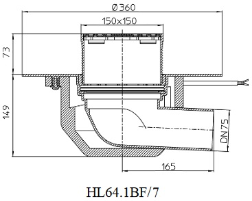 Чертеж и размеры кровельной воронки HL64.1BF/7 с диаметром выпуска DN75