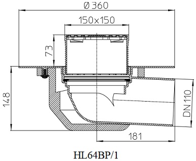 Чертеж и размеры кровельной воронки HL64BP/1 с диаметром выпуска DN110