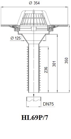Чертеж воронки HL69P/7 с вертикальным выпуском DN75